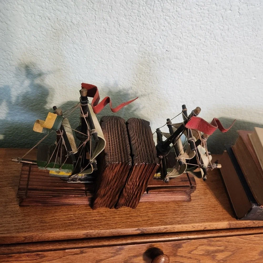 Vtg Ship Nautical Wood‎ and Paper Mache Cloth Bookends Set Pirate Spanish MCM